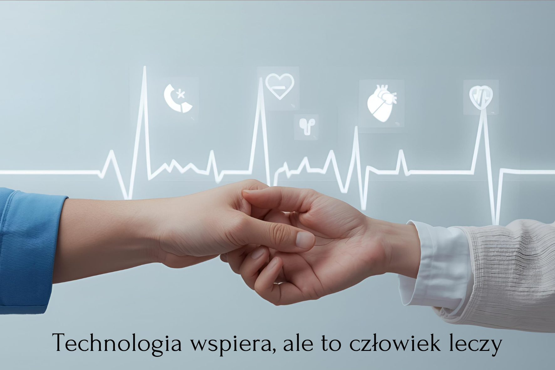 Zdjęcie przedstawia zbliżenie na uścisk dłoni dwóch osób: w domyśle pielęgniarki i pacjenta. Nałożony na obraz jest biały wykres EKG, a nad nim widoczne są cztery białe, podświetlane ikony: mózgu, serca, serca i płuc. W dolnej części zdjęcia znajduje się napis: Technologia wspiera, ale to człowiek leczy.